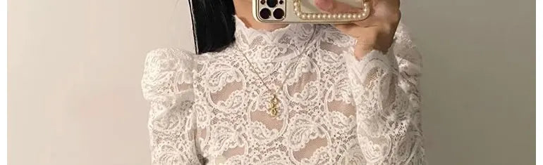 Fleece Lined Lace Base Shirt Women's Autumn Winter Hollow out Mesh Top Trendy Commute Style High Neck Long Sleeve  Color