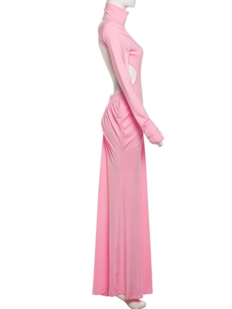 Weird Puss Backless Maxi Dress Women Shoulder Pads Long Sleeve Waistless Peach Buttocks Ruched Elegant Banquet Skinny Vestidos