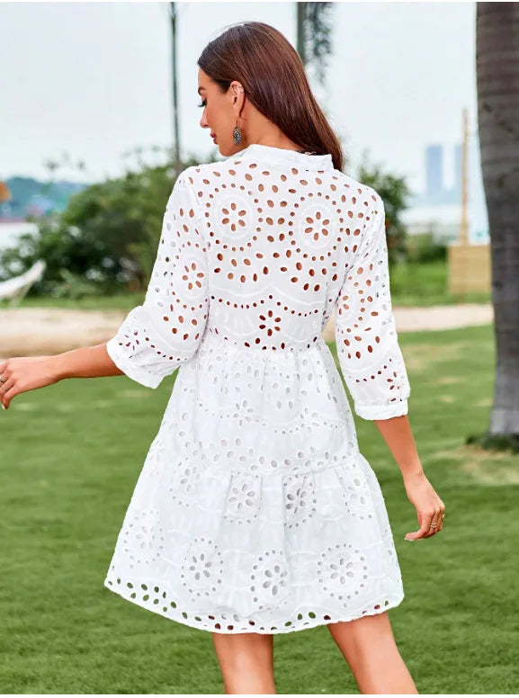 Spring Summer New Solid Color Hollow Out Fashion 7 Point Sleeve Dress Wmen's Casual Loose Simple Elegant Female Holiday Dresses