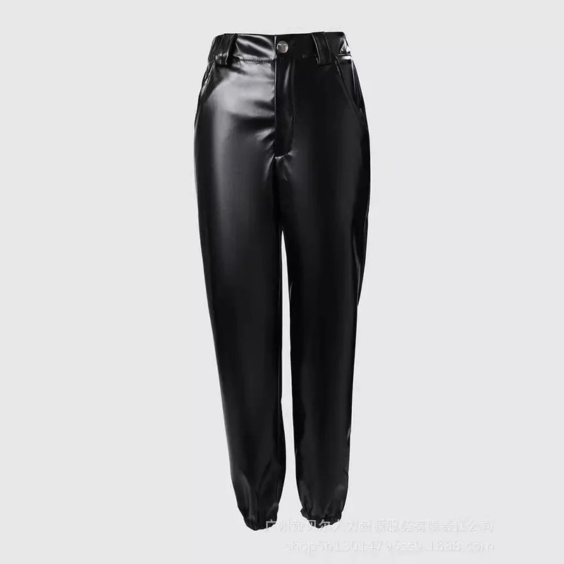 Calça Mandylandy Preta com Amarração no Tornozelo em PU para Mulheres Verão Calça Lápis de Couro Cintura Média Streetwear Preta Casual Bolsos Calça de PU