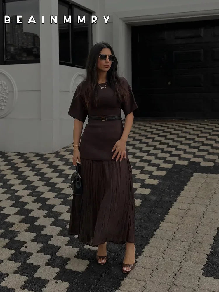 Vestido longo elegante com decote redondo e manga curta, moda feminina, liso, plissado, gaze, patchwork, 2025, novo, para escritório