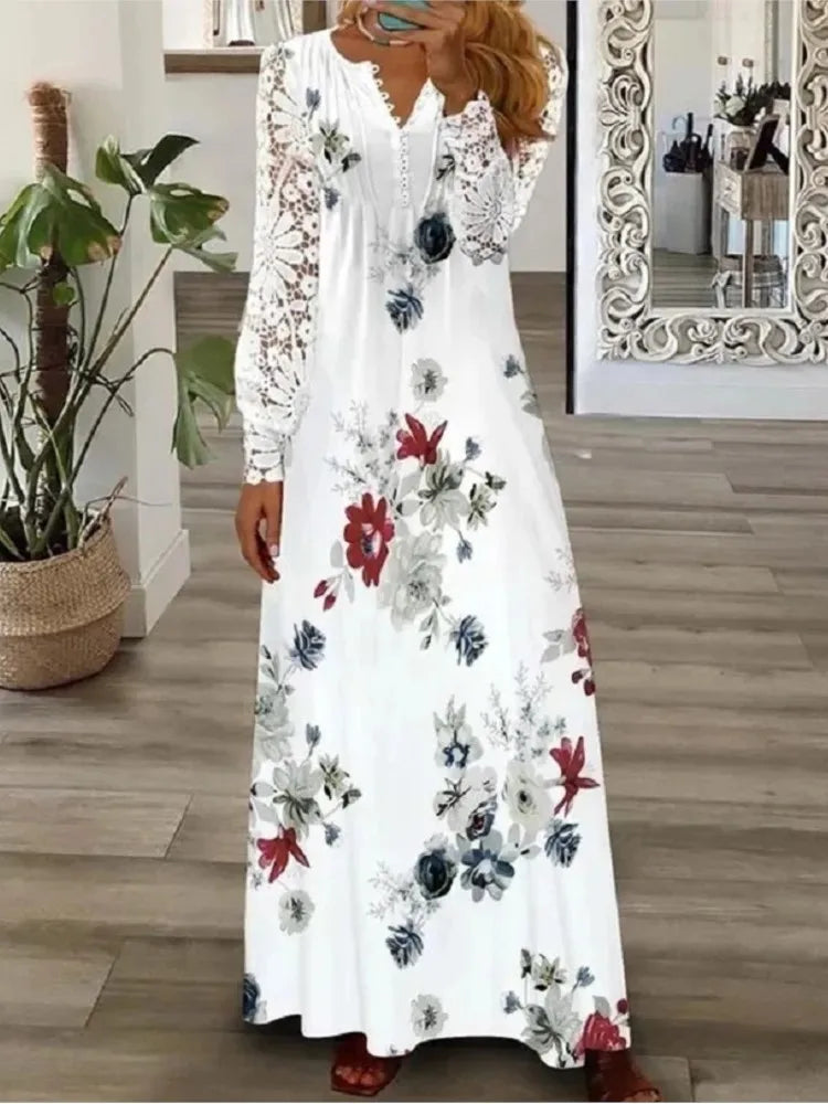 Spring Summer Women's New Fashionable Printed V-neck Sexy Lace Lace Patchwork Single Breasted Long Casual Comfortable Dress