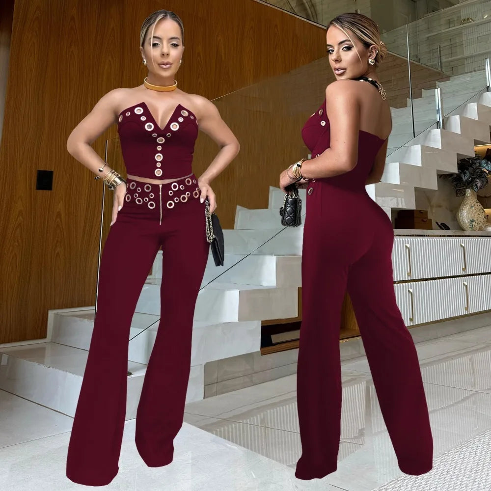FLARORA Fashion Metal Ring Holes 2 Pcs Sets Woman Sleeveless Hollow Out Crop Tops And High Waist Flare Pants Elegant Streetwear