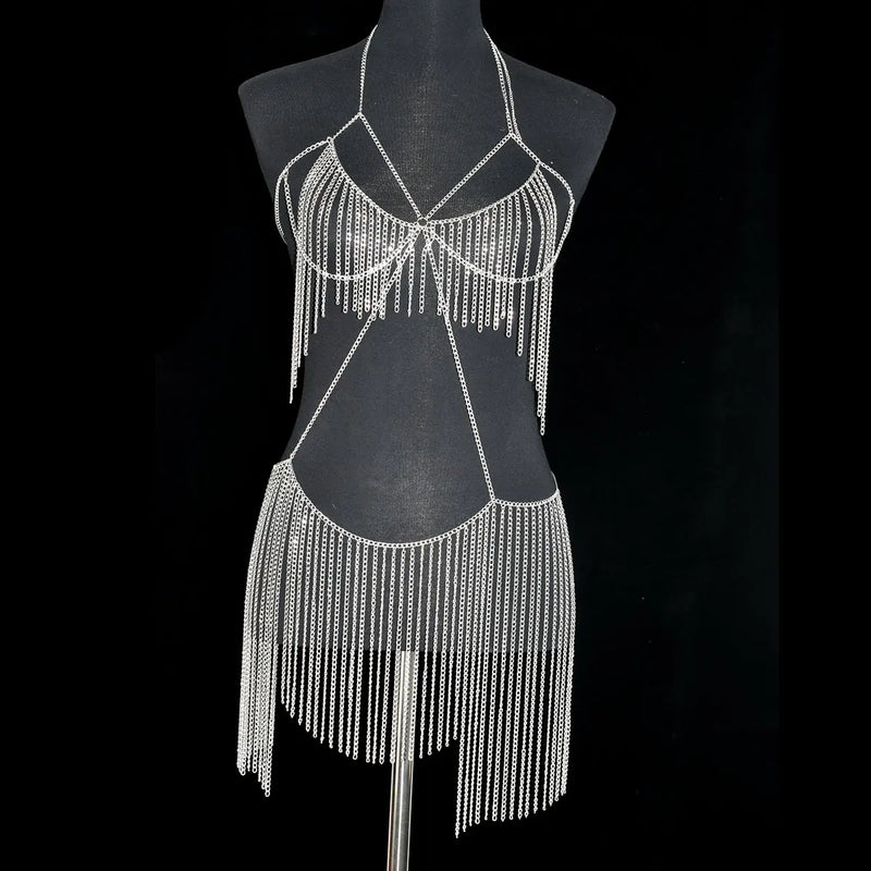 Sexy Fashion Women's Body Jewelry Punk Personality Metal Long Harness  Dress Underwear Accessories Party Festival Gift