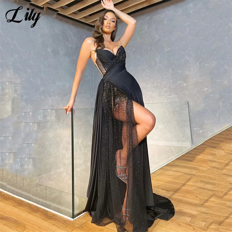 Lily Shining V Neck Purple Prom Dresses Sexy Stain Beach فستان سهرة نسائي Sleeveless Side Split Evening Dress For Special Events - CRAVO ROSE