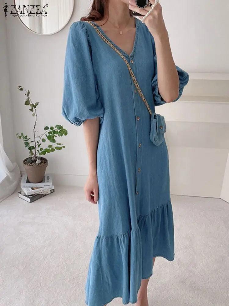 Mulheres Denim Azul Robes Longue ZANZEA Oversized Moda Verão Puff Sleeve Maxi Vestidos Retro Vestido Casual Sólido Vestido de Verão Largo - CRAVO ROSE