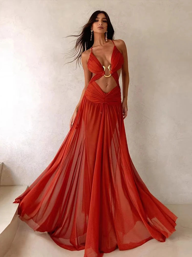 Vestidos longos sensuais vazados  plissados, chiques, decote em V, frente única, sem mangas, costas nuas, linha A