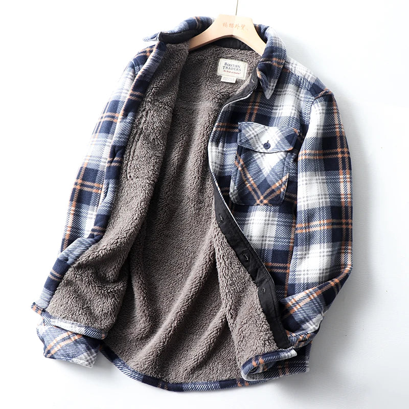 Thickened Plaid Shirt Coat Couples Style Fleece Lined Lamb Fur Casual Warm Outerwear for Men And Women Polyester Fabric
