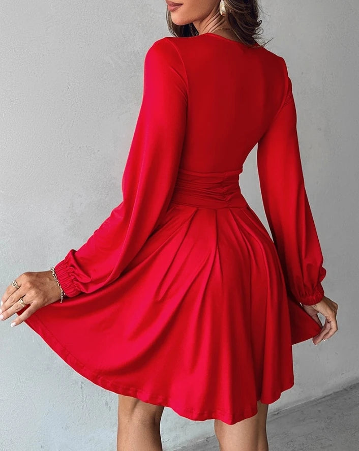 Women's Elegant Party Dress 2024 Summer Autumn Latest Casual Sexy Plumge Ruched Lantern Sleeve Mini Dress Button Short Skirt