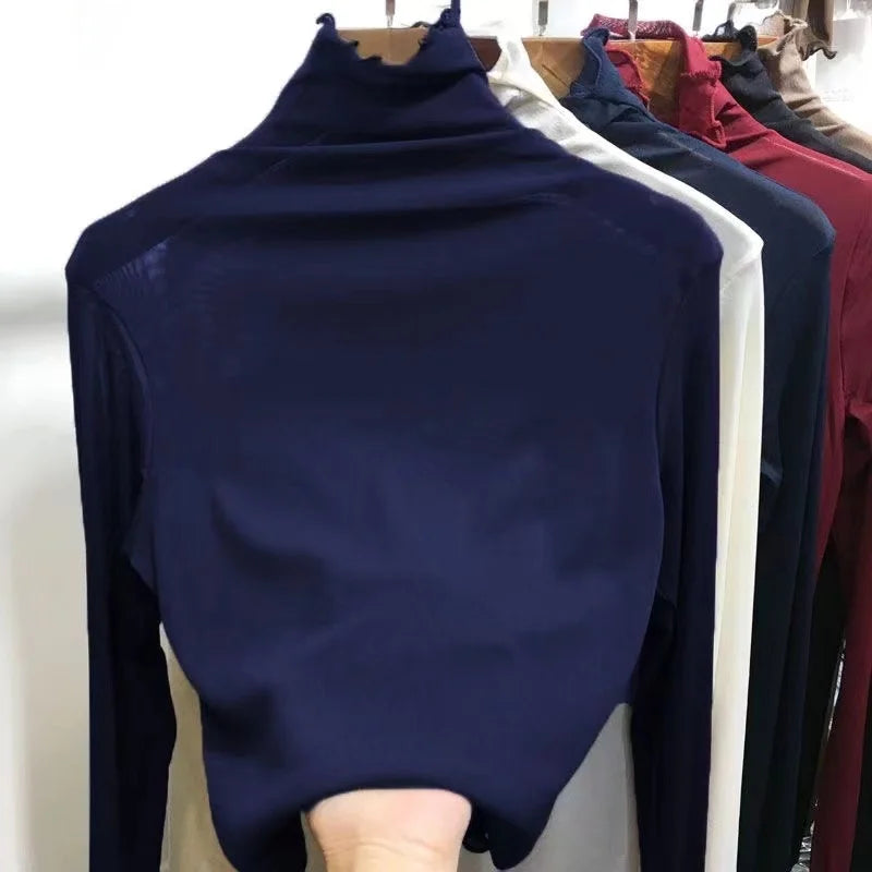 Women's Long Sleeve T-Shirt Lace  Mesh Base Shirt High Collar Pure Color Spring Autumn Fashion Breathable Comfortable Ski...