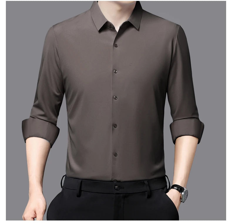 Camisa masculina premium ultraelástica - Camisa formal de manga comprida de seda de alta qualidade para uso social e casual