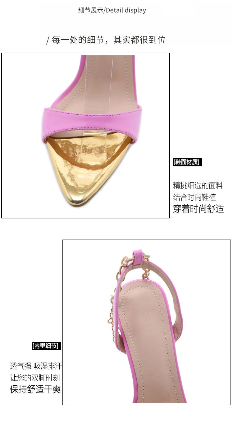 Sandálias femininas da moda com corrente dourada e tira no tornozelo, sexy, peep toe, salto alto de metal, sapatos de casamento, sapatos de festa para mulheres