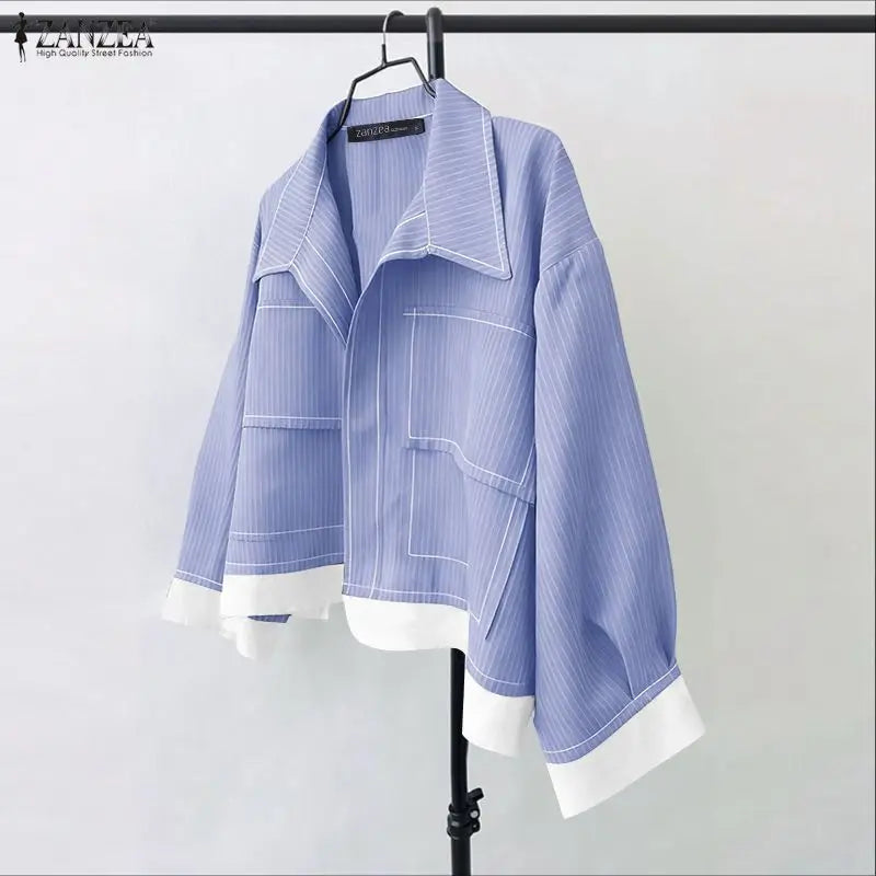 Women Korean Shirts 2025 ZANZEA Autumn Long Sleeve Striped Patchwork Blouse Fashion Tops Tunic Pockets Office Blusas Femininas
