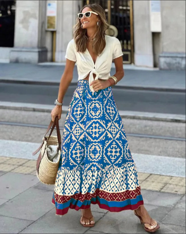 Saia maxi estampa boho feminina moda cintura alta impressão 3D vestido longo casual solto verão saias de cintura alta