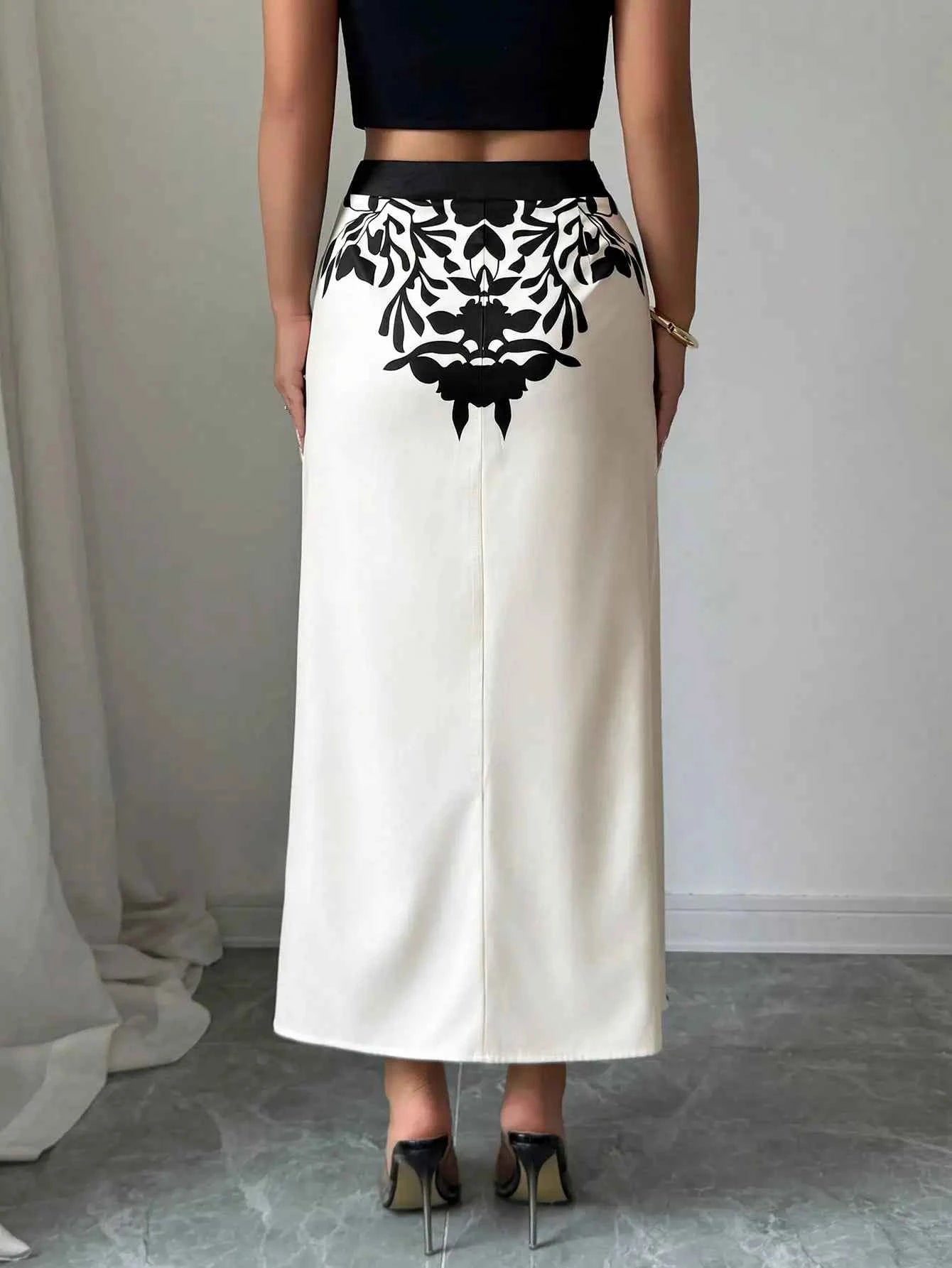 Women's Black Floral Print Midi Skirt 2026 Ruched High Slit Casual Summer Skirt
