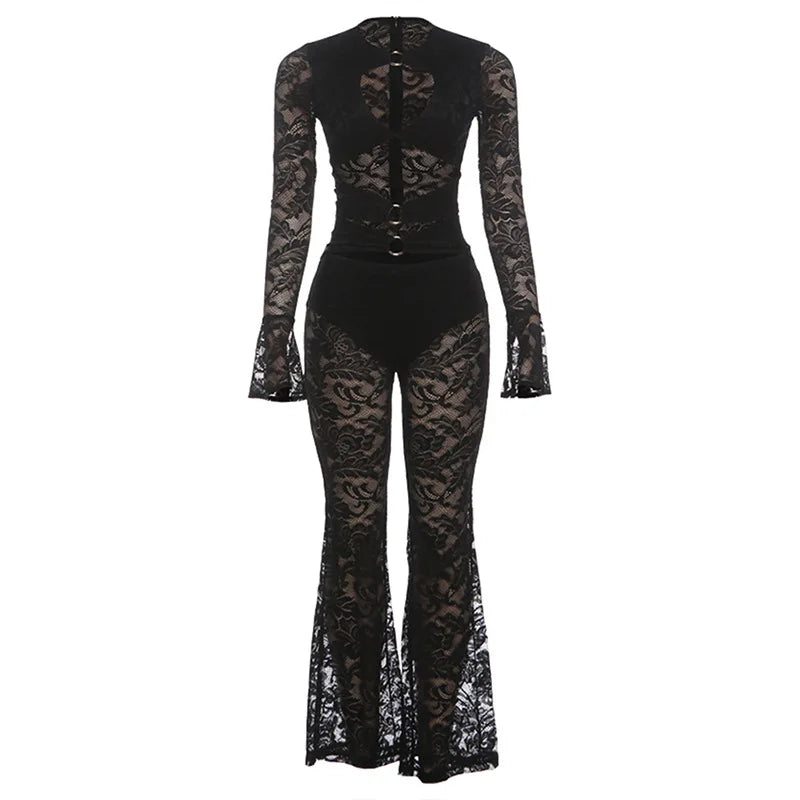Sexy Hollow out Micro Flared Jumpsuit Long Pants  Lace Shirt Thickened Winter Collection for Elderly Women