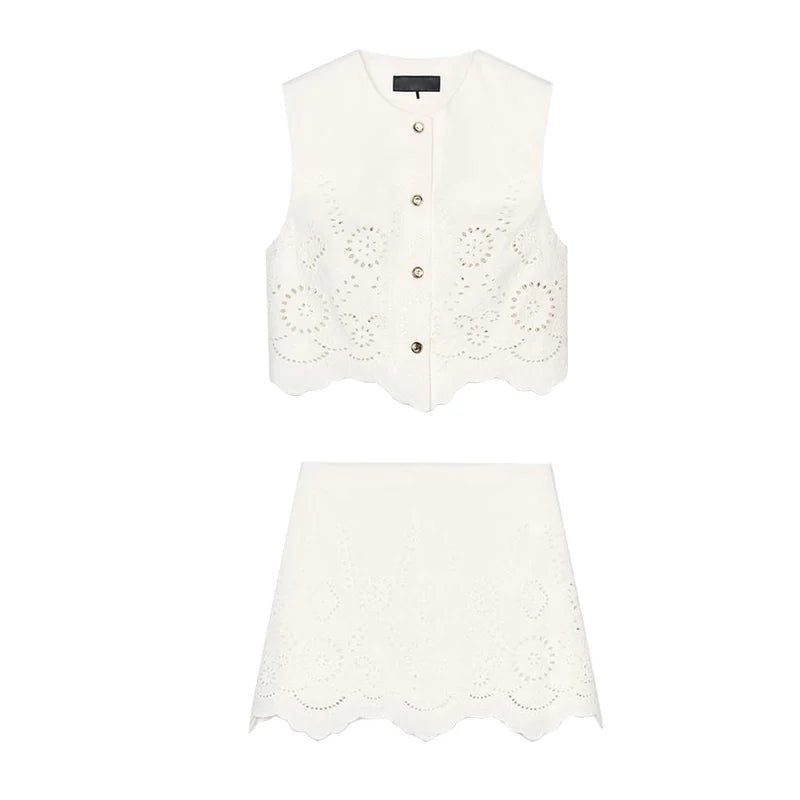 Embroidered Hollow out Vest Top 3356868 High Waist Skirt Pants 3357868 Faionable Two-Piece Set round Ne Button Closure ...