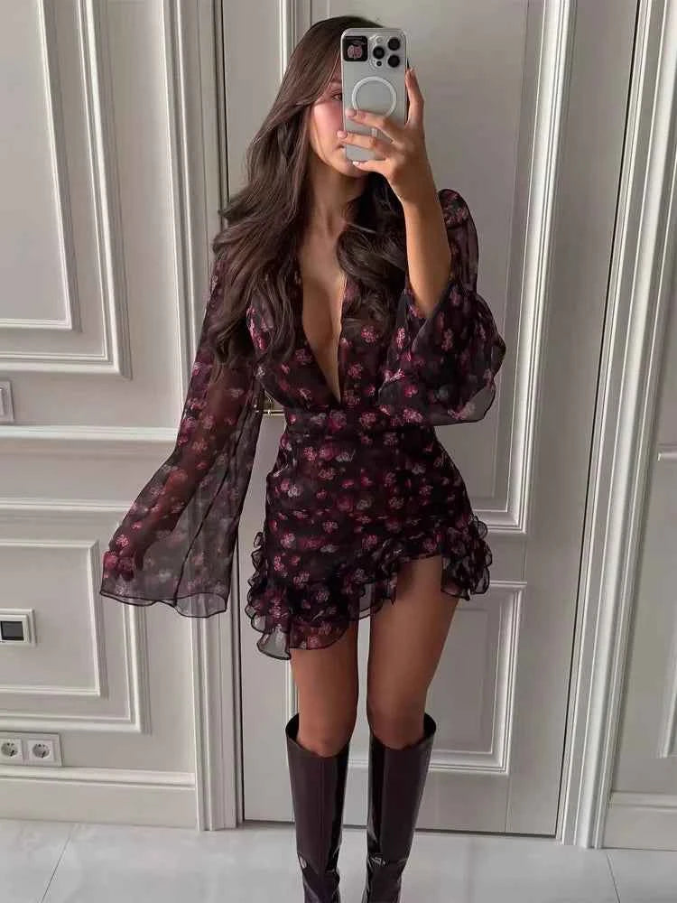 Elegant Floral Print Ruffle Mini Dress Women Sexy Mesh Chiffon Deep V-neck Slim Short Robe 2026 Summer New Lady Party Club Dress