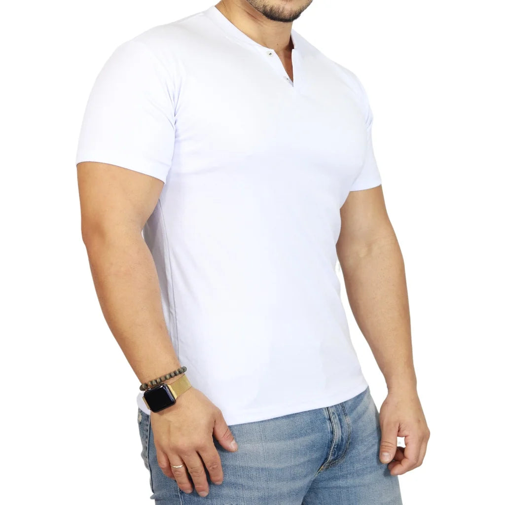 HENLEY 2 Buttons Slim Fit Short Sleeve T-Shirt-WHITE