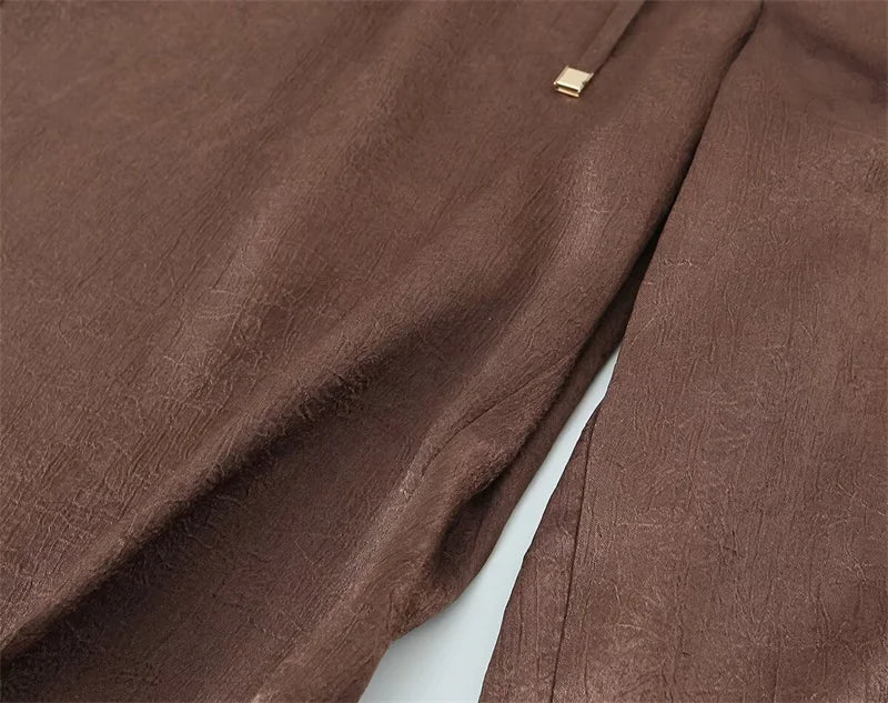 Women's Suit 2026 Spring New Style Reddish-Brown Long Sleeve Draped Pleated Decorative Simple Blazer and Trousers Set Fashion