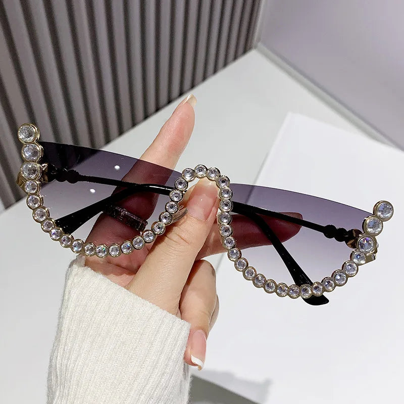 Luxury Brand Designer Diamond Half Frame Sunglasses Women For Female Vintage Fashion Sun Glasses Punk Rhinestone Crystal Metal - CRAVO ROSE