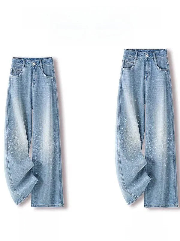 High Waist Wide Leg Denim Jeans Women's Spring 2026 New Style Glittering Star Explosion Nine Point Straight Cut Diamond Embel...