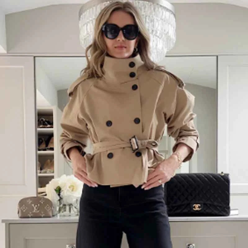 HXAO Crop Khaki Windbreaker Women's Jacket Autumn Fashion Stand Collar Long Sleeve Trench Coat Double-Breasted Belt Outerwears