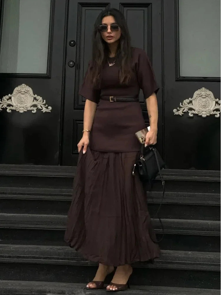 Vestido longo elegante com decote redondo e manga curta, moda feminina, liso, plissado, gaze, patchwork, 2025, novo, para escritório