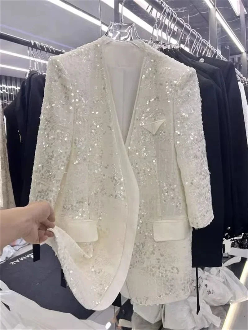 European Brand V-neck Temperament Socialite Sequin Jacket For Women, Mid To Long Style, Stylish Thin Style, Sparkling Top XQ145