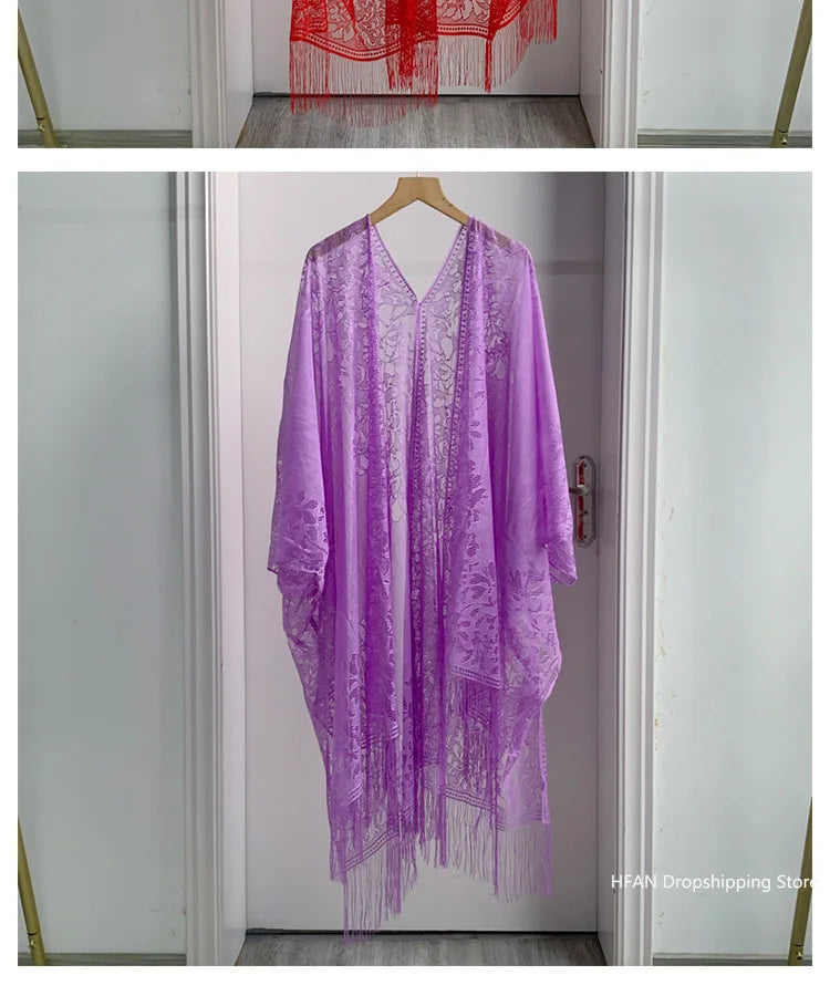 Women Sun Protection Shawl Lady Summer Hollow Out Lace Cardigan Holiday Bikini Blouse Breathable Beach Cape Sexy Long Tippet