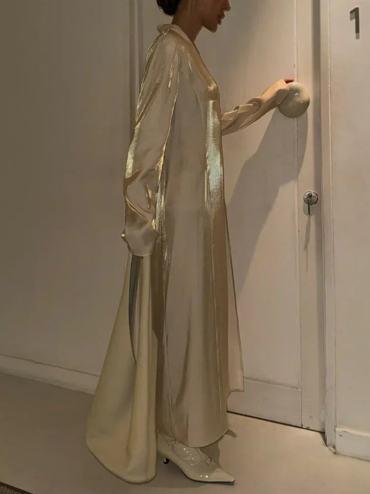 Fashion Solid Shiny Laser Color Splicing Long Dress Chic V Neck Full Sleeves Split Maxi Dresses Spring Women New Party Vestidos
