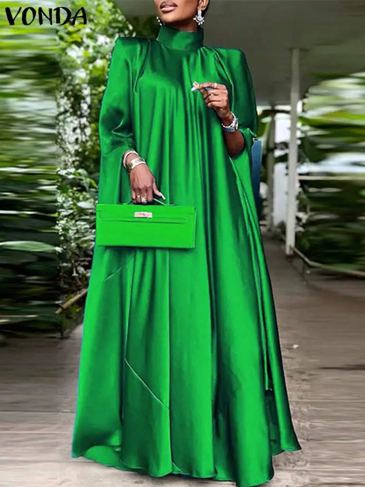 VONDA Women Elegant Satin Dress 2024 Fashion Long Bat Sleeve Stand Collar Evening Pleated Maxi Sundress Casual Solid Loose Robe