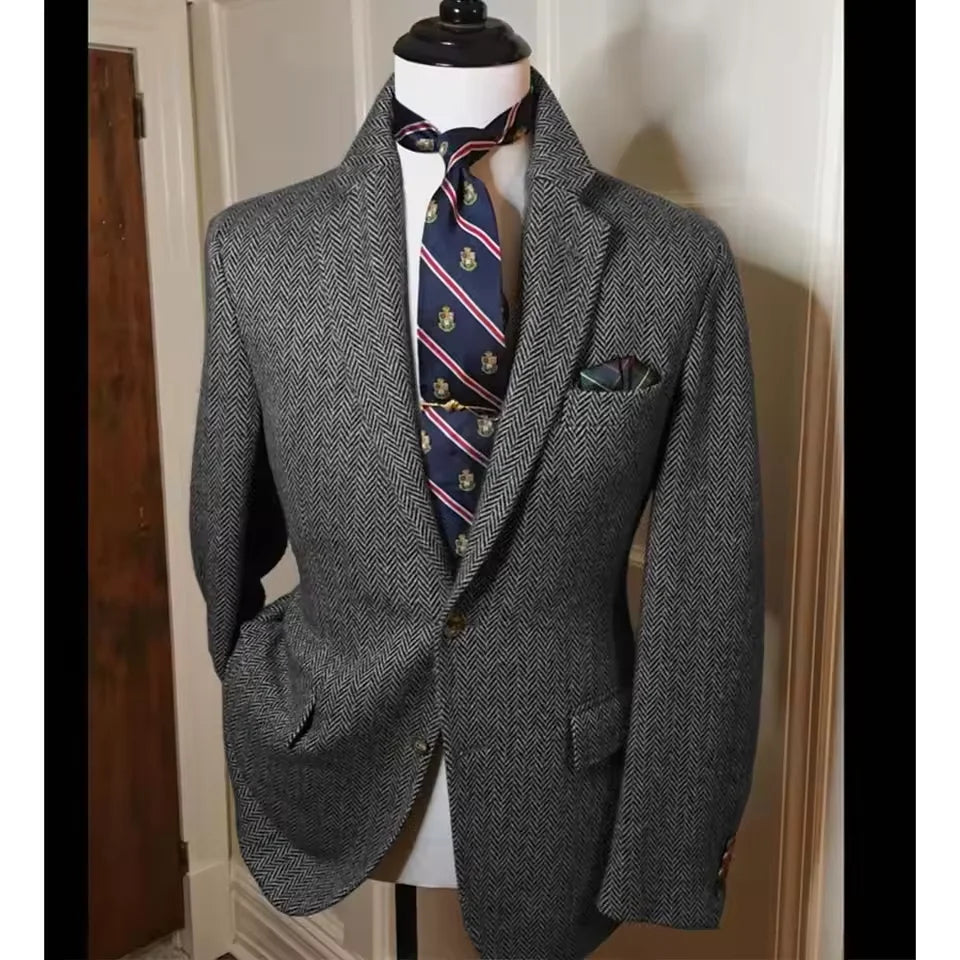 Men's Herringbone Tweed Blazer Vintage British Slim Fit Suit Jacket Wool Blend Formal Coat with Pocket Square Wedding Casual