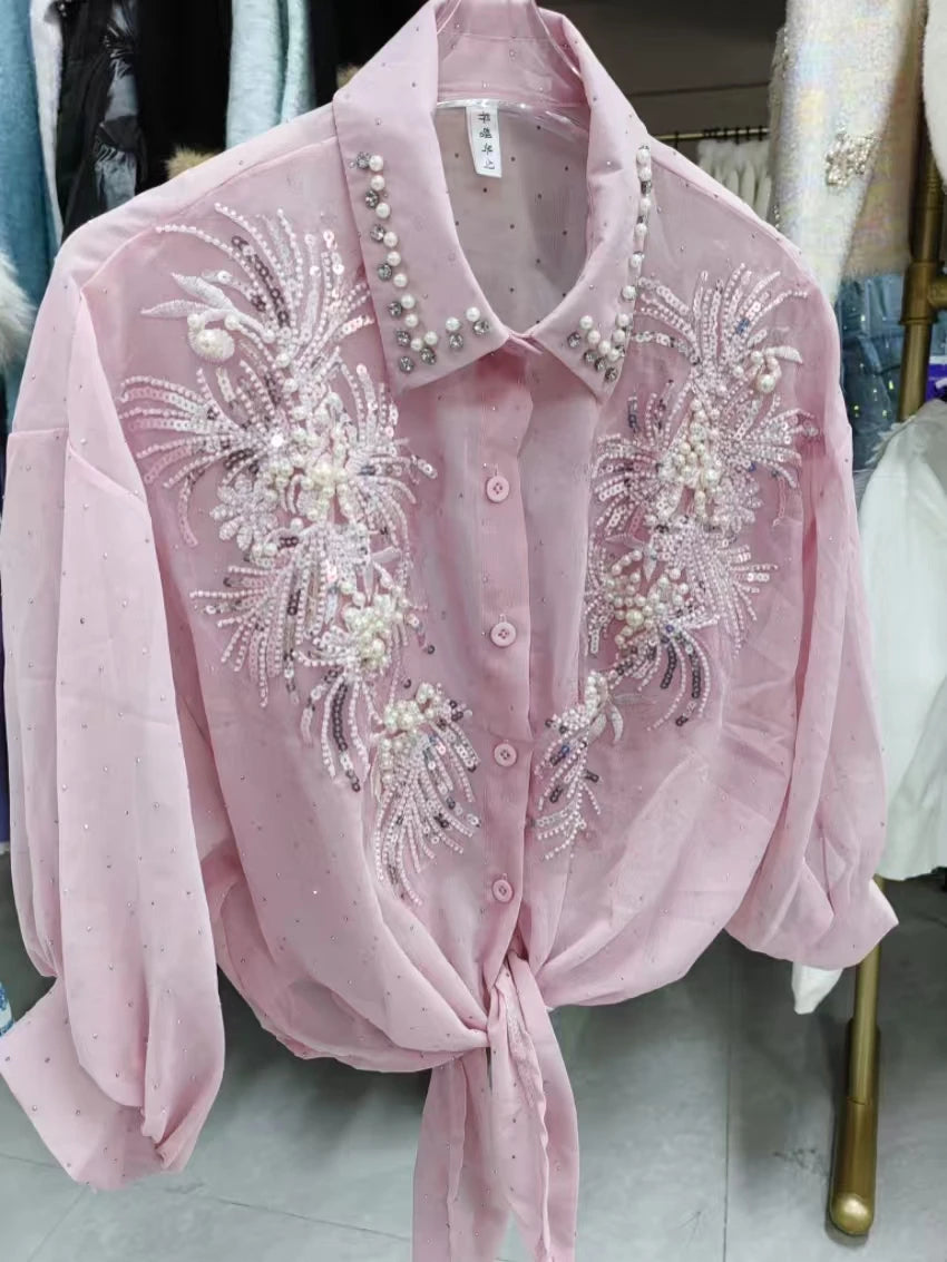 High-end Sequines Pearls Beaded Stitch Sunscreen Blouses Shirts for Women Cardigans Spring Summer Top Korean Popular Clothes