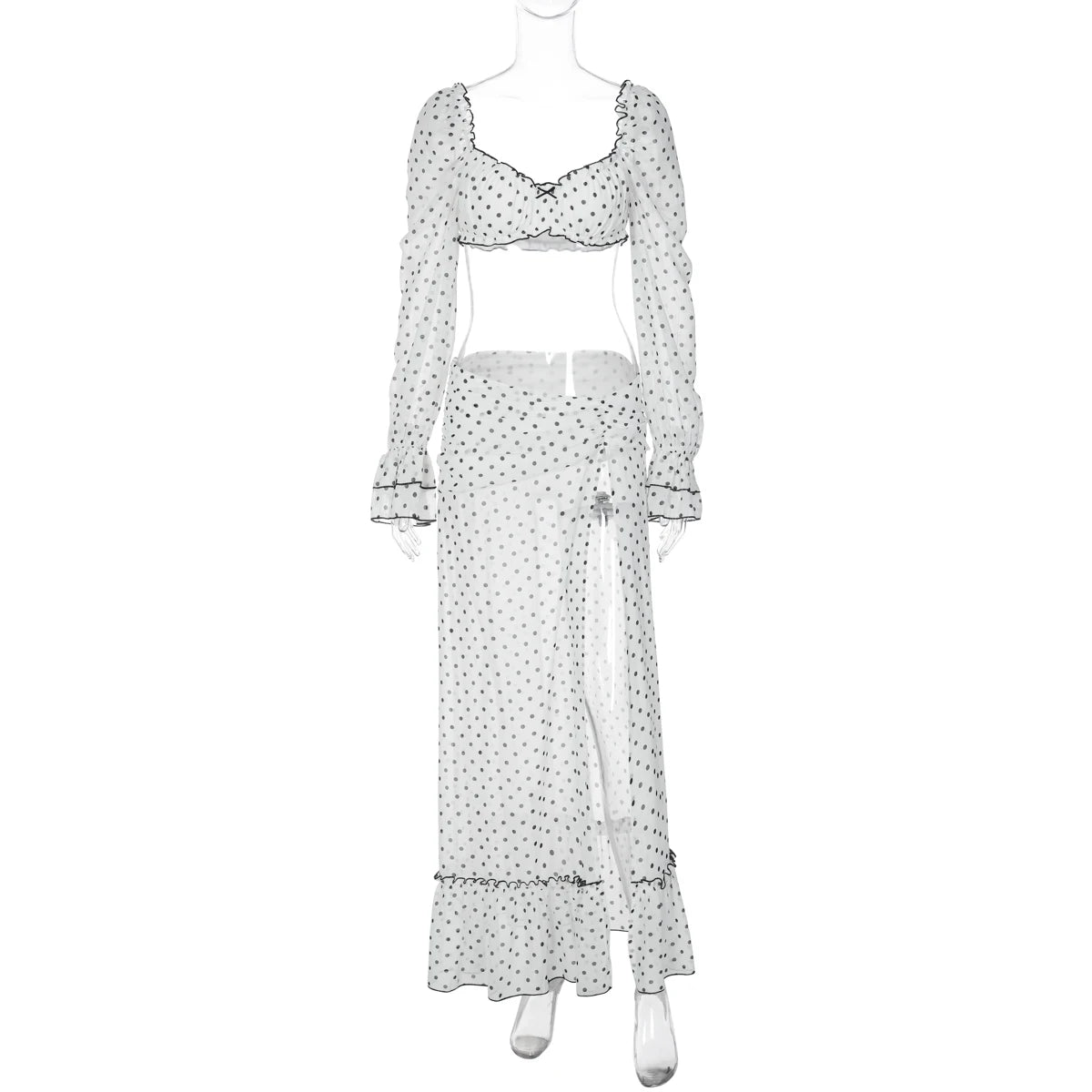 Hugcitar Polka Dot Print 2 Pieces Sets Long Sleeve Bow Sexy Crop Top Slit Maxi Skirt See Through Fashion Outfit Beach Vacation