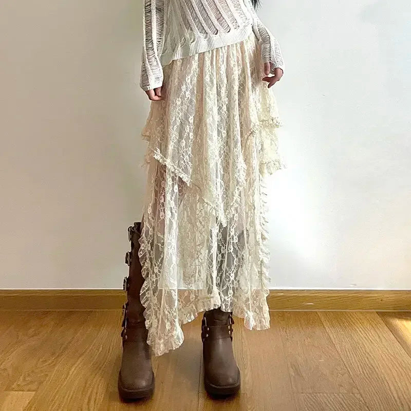 Saia assimétrica de renda Fairycore feminina vintage Y2K Boho estética moda cintura alta saias médias femininas roupas de férias