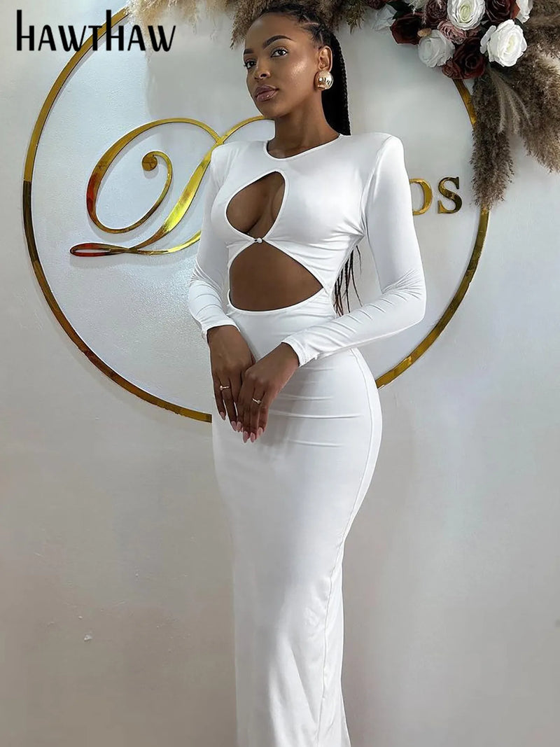 Hawthaw Women 2024 Spring Autumn Sexy Long Sleeve Party Club Hollow Out Bodycon White Long Dress Wholesale Items For Business