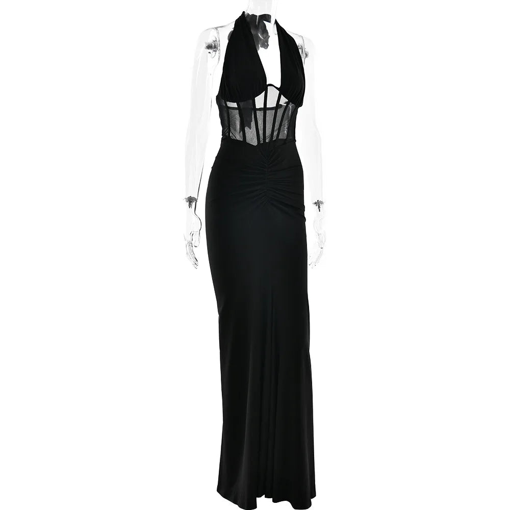 Elegant White Long Curvy Dress Women's Halter Deep V Backless Black Mesh Ruched Maxi Dresses Evening Party Cocktail Robe Summer