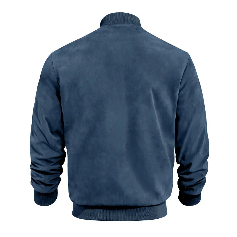 Men's Business Casual Suede Jacket Zipper Collar Warm Sporty Outerwear Polyester Fabric Long Sleeve round Hem Knitted Sleeve