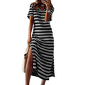 Vestidos Plus Size Vestidos Para Mulheres Casual Listra Estampa Decote Em V Manga Curta Solto Vestido Longo Robe Femme