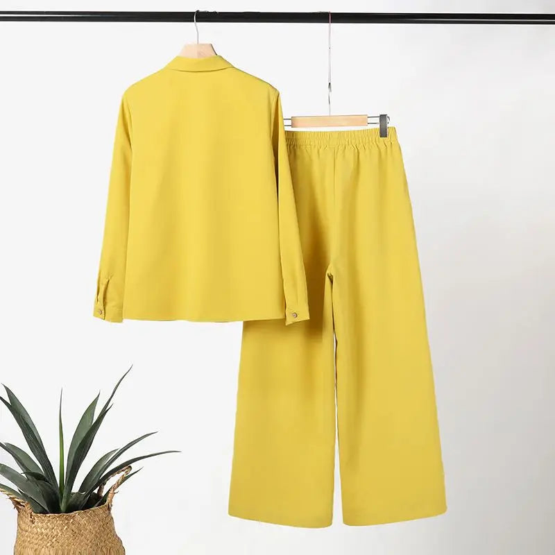 Women Elegant Lapel Neck Long Sleeve Shirt Pants Sets 2PCS Fashion Autumn Outifits Solid Work Trousers Suits Tracksuit