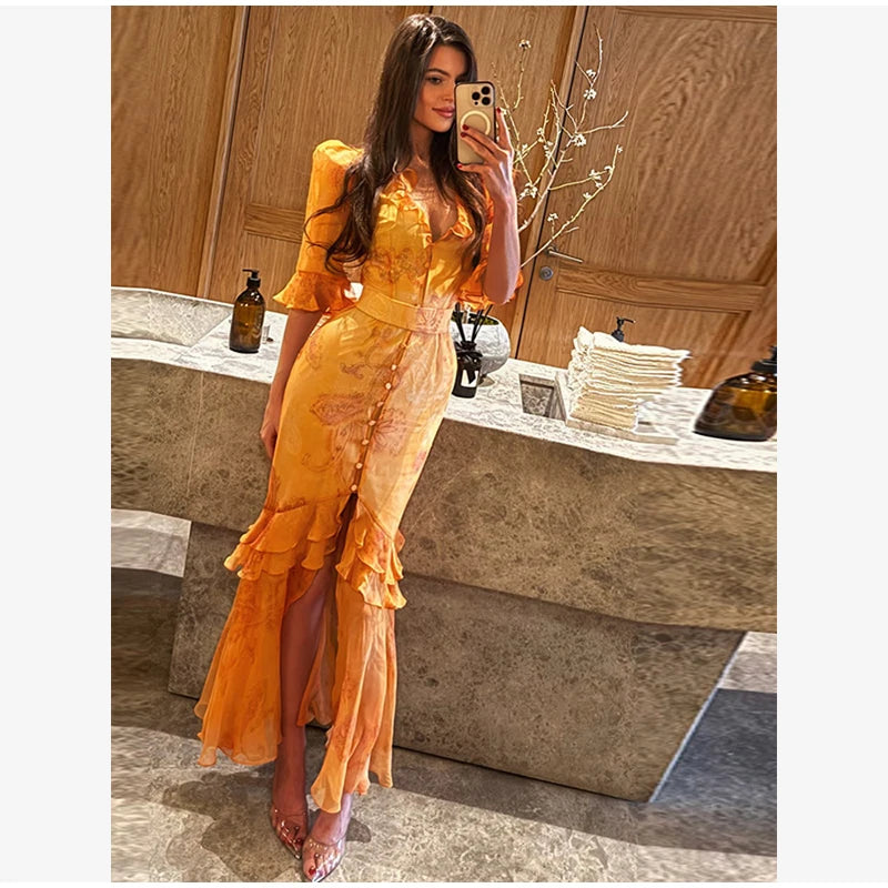 Women White Floral Print Maxi Dress V Neck Puff Sleeve Peplum Waist Fishtail Hem Chiffon Robe Elegant Party Wedding Guest Gown