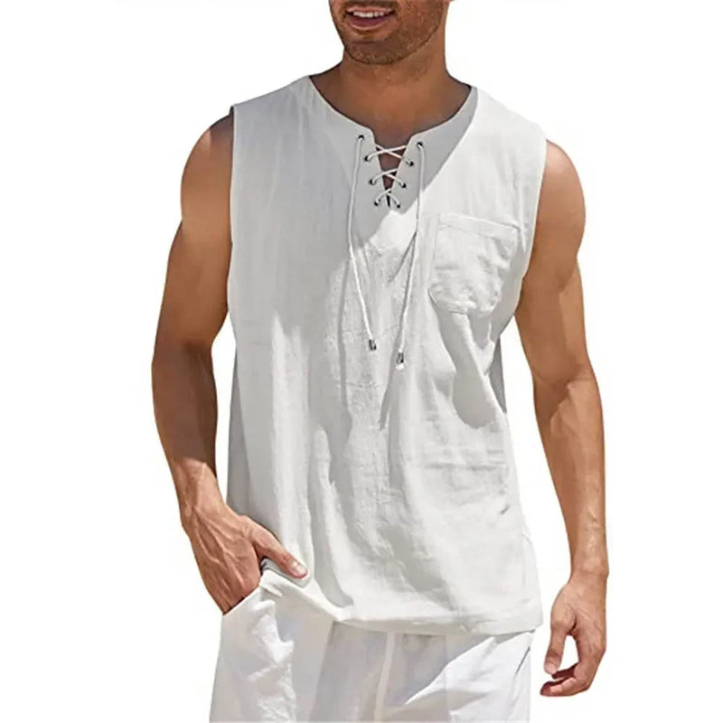 Camisas de linho de verão masculinas, colete casual sem mangas, blusa com cadarço, gola V retrô, camisa solta da moda, camiseta masculina de cor sólida