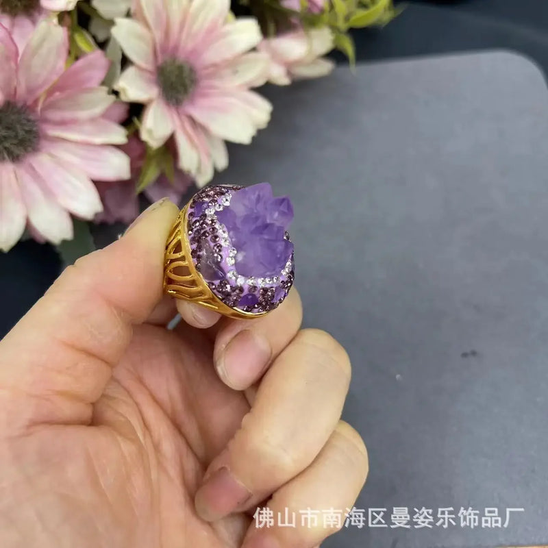 Natural Brazilian amethyst rough stone copper plated real gold color retention ring adjustable popular natural stone jewelry