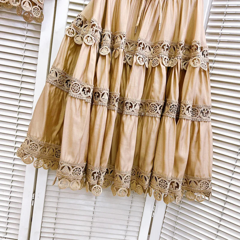 Luxury Hollow Out Dress Two Piece Set Women's 2025 Summer Holiday Embroidered Lace Jackets White Tops Pleated Short Skirts Suits