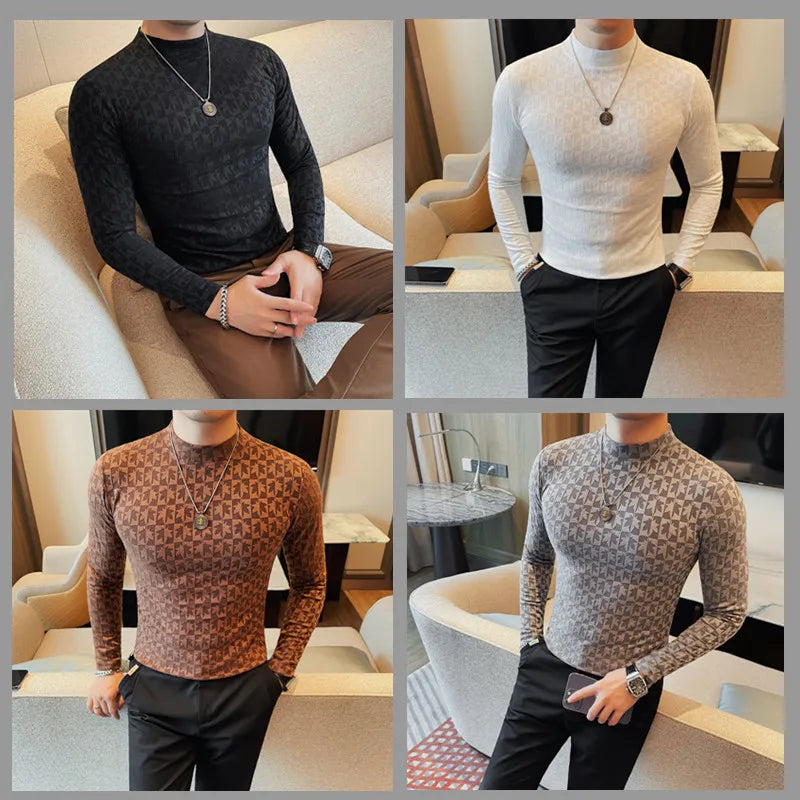 Camiseta elástica estampada de gola alta semi alta para homens, roupas de outono, nova, mangas compridas, jacquard, justa, cor sólida, camiseta slim fit