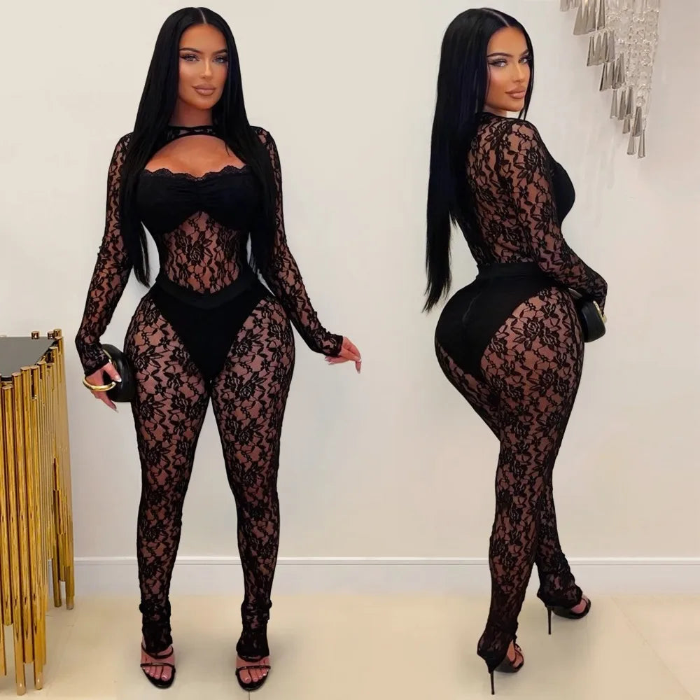 FLARORA Sexy Lace Hollow See Through Jumpsuits Woman O Neck Full Sleeve Peach Hip Slim Jumpsuit Midnight Party Clubwear Overalls