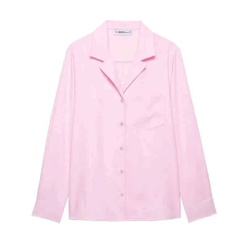 Women's Mid Waist Pants Set Spring 2 Piece Set Lapel Collar Shirt Pocket Elastic Waist Barrel Trousers Two Piece Female Outfits
