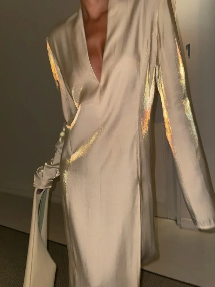 Fashion Solid Shiny Laser Color Splicing Long Dress Chic V Neck Full Sleeves Split Maxi Dresses Spring Women New Party Vestidos