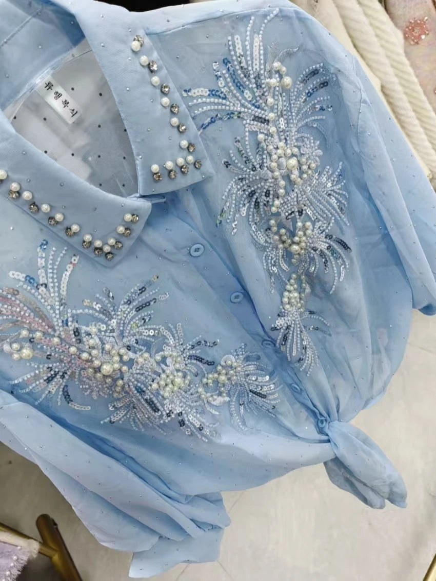 High-end Sequines Pearls Beaded Stitch Sunscreen Blouses Shirts for Women Cardigans Spring Summer Top Korean Popular Clothes